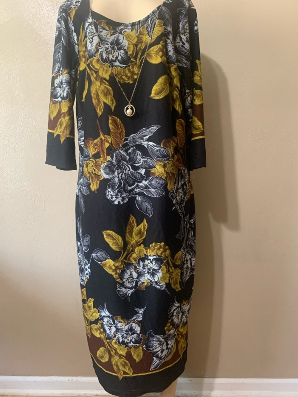 Mlle Gabrielle 2X Black Midi Dress with Mustard and White Floral Print NWT